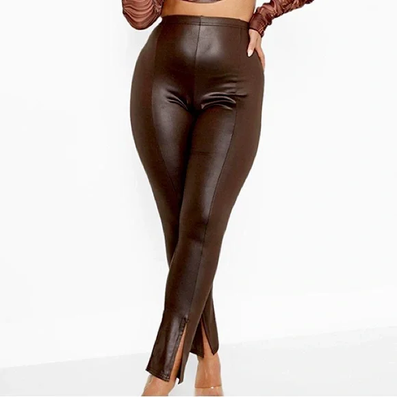 Faux leather split front leggings